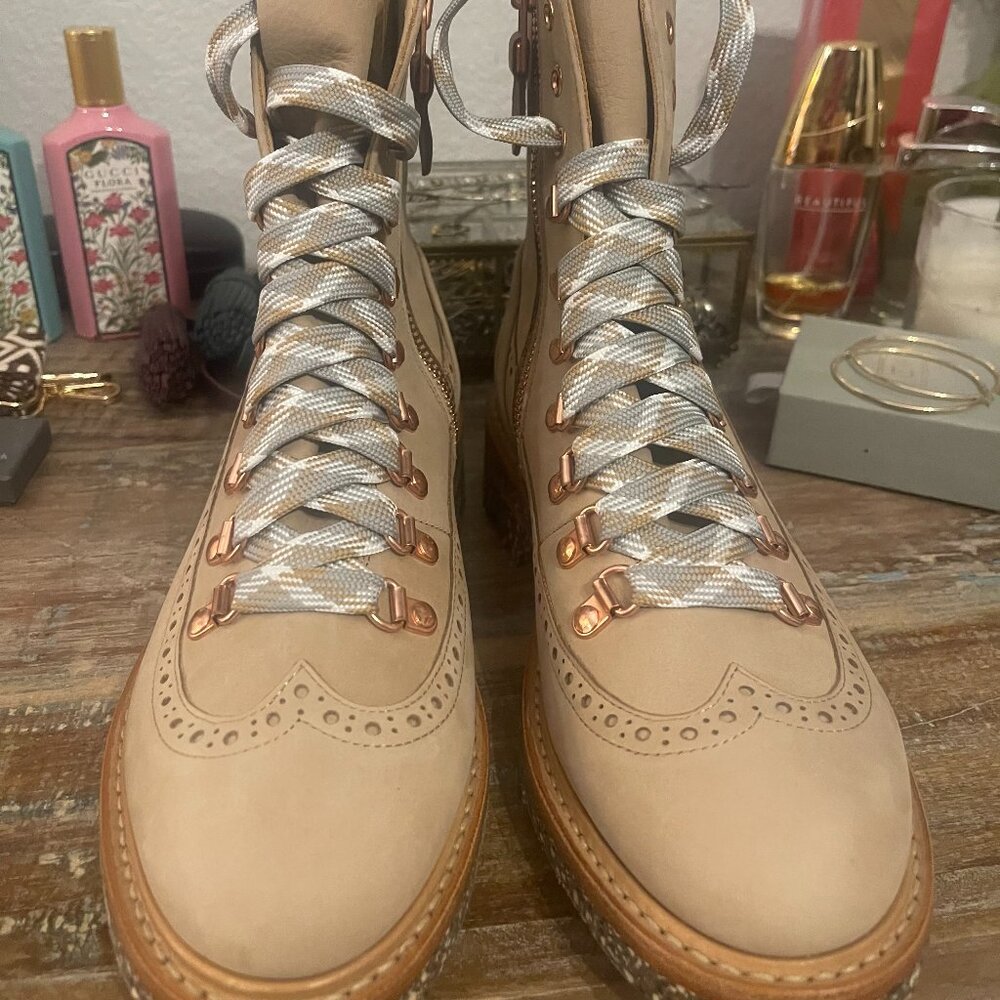 Office of Angela Scott Mr. Bernard Tan Leather Lug Sole Ankle Boots Sz.37 NWOT